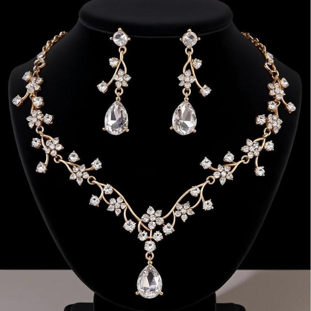 Shiny Water Drop Bridal Jewelry Sets Rhinestone Choker Necklace Earring Set  Anniversary Party