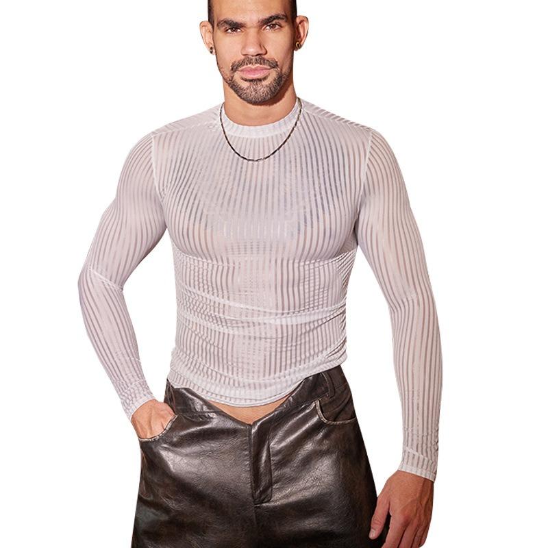 The temptation of desire men's top striped thin transparent high elastic silky smooth long-sleeved T-shirt strong man slim nightclub