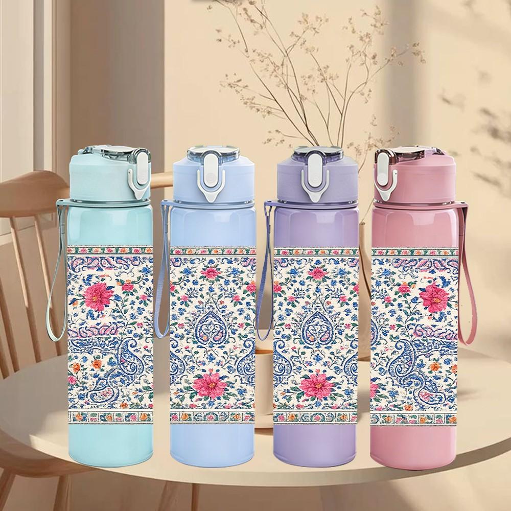 1PC Ethnic Rug Texture 750ml Color Plastic Sports Water Bottle Leakproof Flip Straw Lid Suitable for Sports Office Home Use