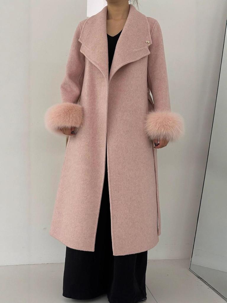 2025 Women's French Double-Faced Wool Coat with Cashmere & Real Fox Fur