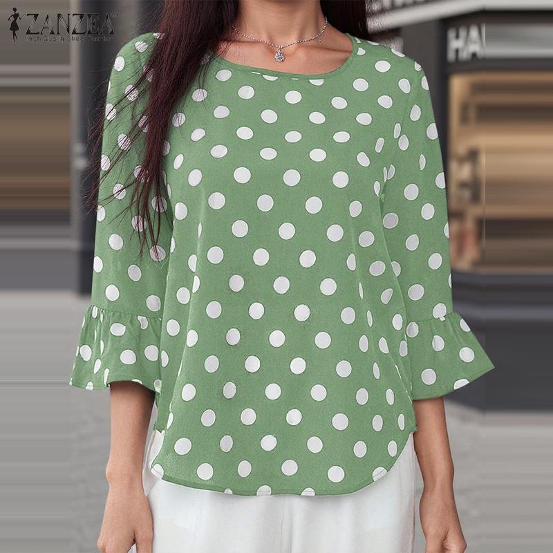 ZANZEA Женская повседневная блузка с круглым вырезом и рукавом 3/4, свободная, в горошек