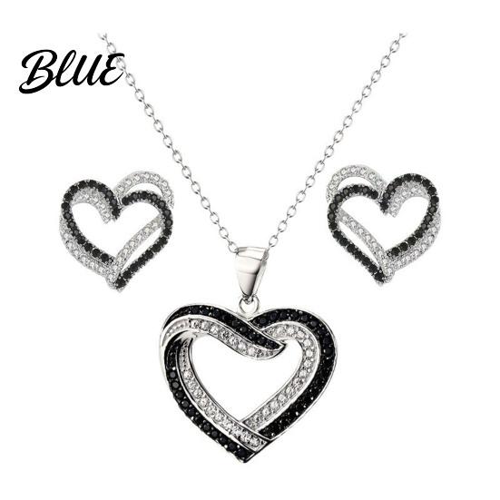 Rhinestone Heart Jewelry Overlapping Hearts Set Black White Necklace