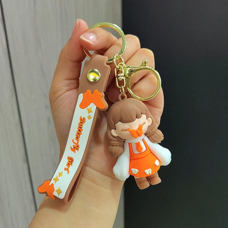 Adorable Cartoon Silicone Keychain Charming Butterfly Kiss Girl Design