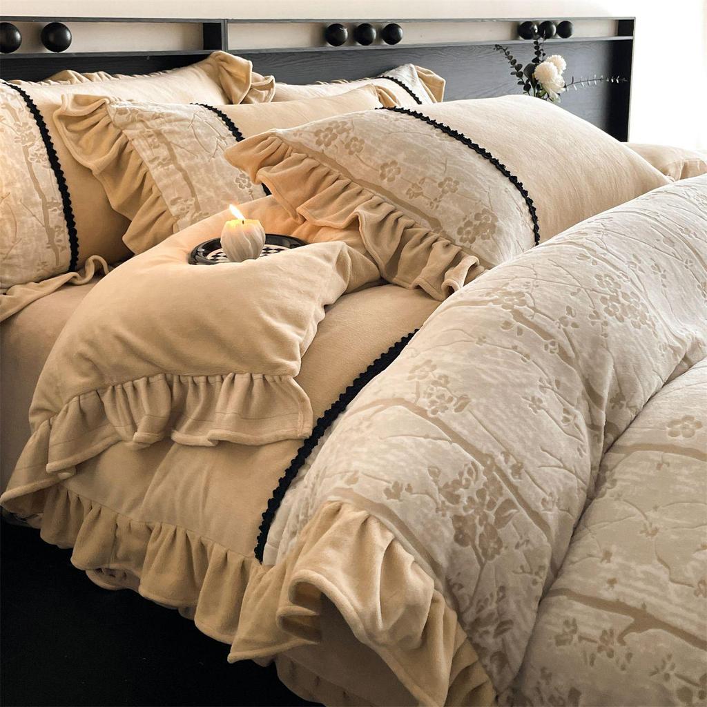 Ультра-толстое теплое осенне-зимнее бархатное резное постельное белье из 4 предметов - Класс А, Антистатическое, Идеально для мамы и малыша.