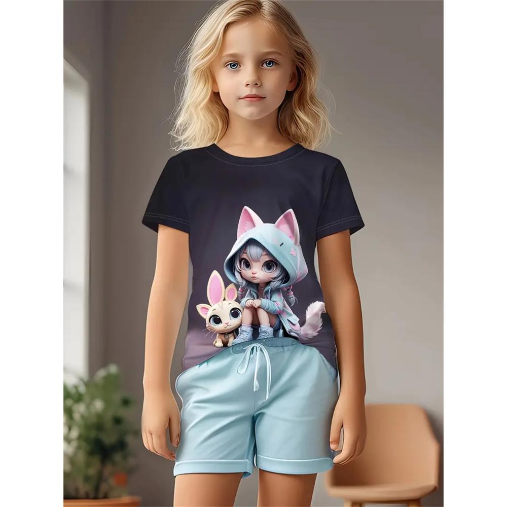 2025 Одежда для девочек Модные повседневные футболки с 3D-принтом Милые индивидуальные повседневные футболки для девочек Летняя футболка с короткими рукавами
