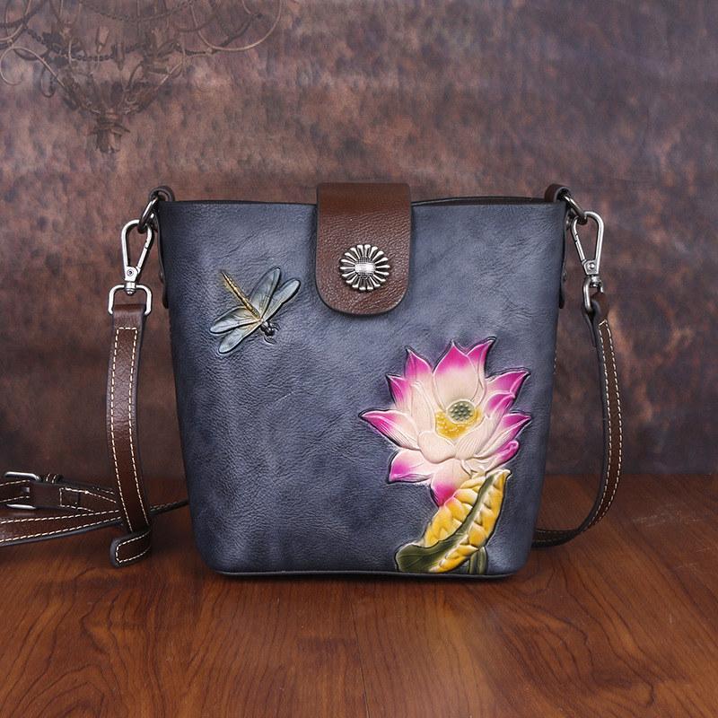 Винтажный дизайн Lotus Embossing Сумки через плечо из натуральной кожи Сумка через плечо для женщин Дамский кошелек GZW