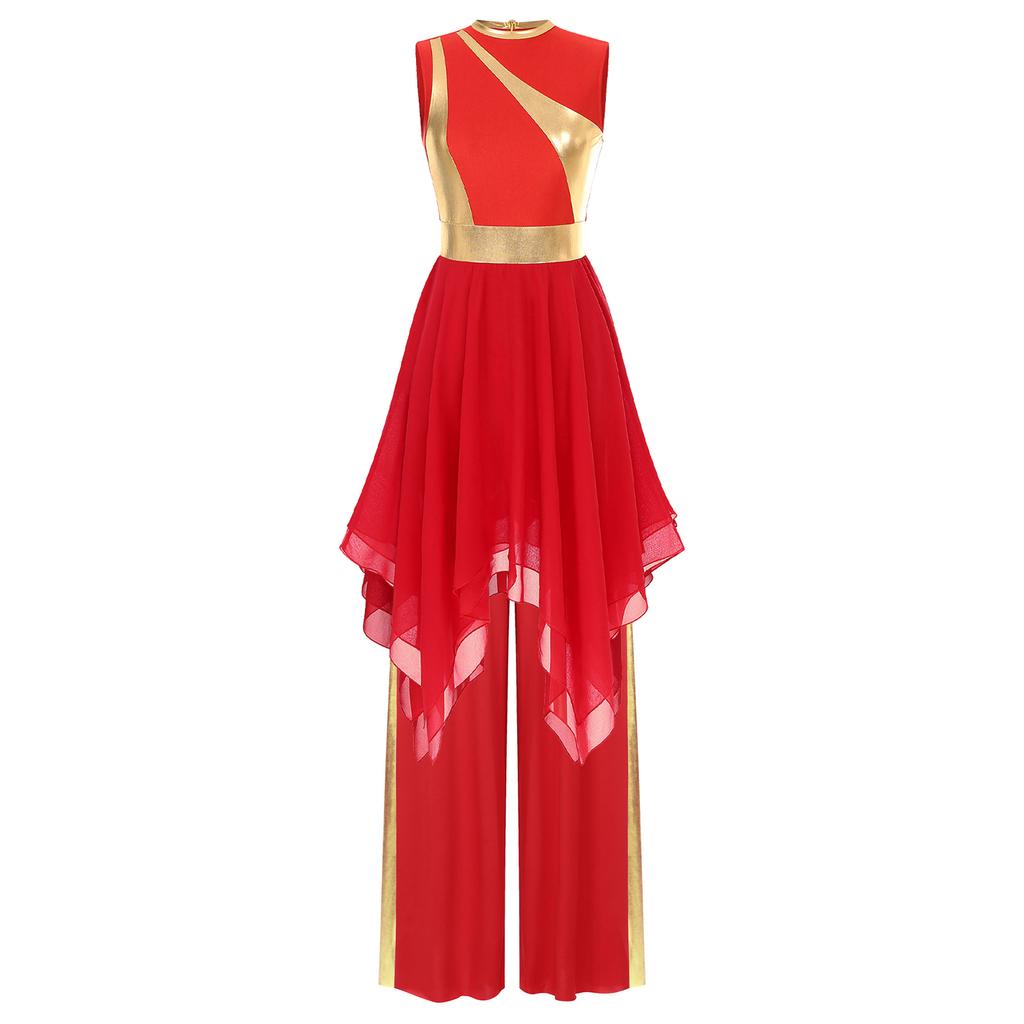 Женский костюм для современного танца, платье с неровным подолом и цветными блоками, металлизированная пэчворк, брюки широкого кроя, танцевальная одежда