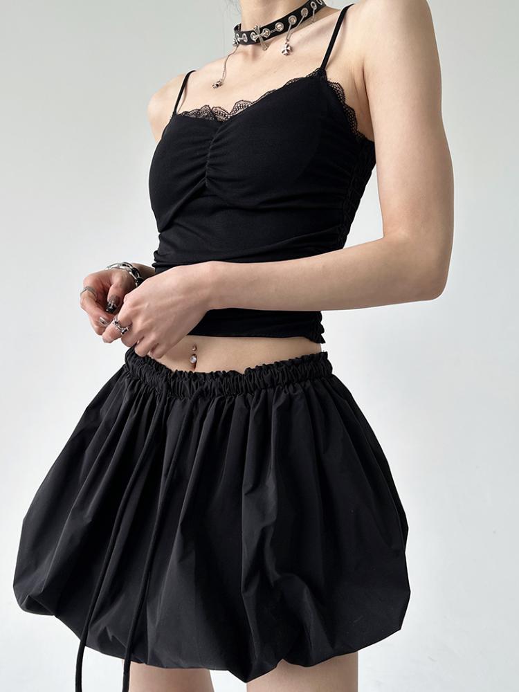 Корейская винтажная мини-юбка-баллон, женская летняя уличная одежда, модная трапециевидная юбка с высокой талией, милая сексуальная плиссированная юбка-пузырь на шнурке