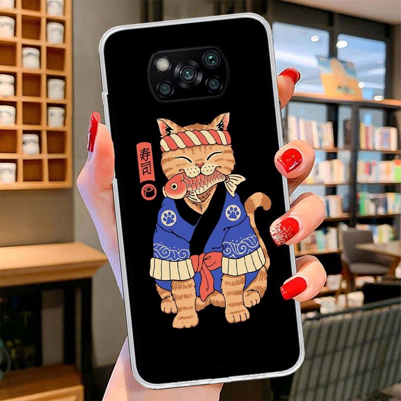 Ramen Sushi Samurai Tattoo Cat Cover Phone Case For Xiaomi Poco F7 Ultra X7 X6 X5 Pro M7 Redmi 15C 15 13C 13 12C 12 10C 10 9A 9C