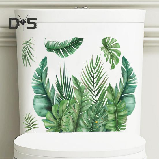 1 лист, наклейка для унитаза, самоклеящаяся, водонепроницаемая, без следов, зеленые листья растений, настенная наклейка, наклейка, декор для ванной комнаты, туалета