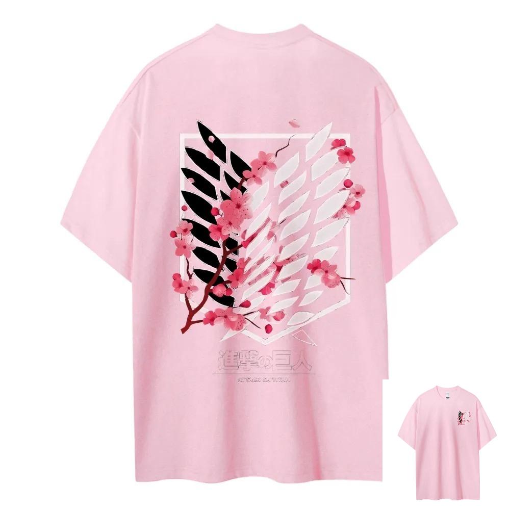 Attack On Titan T-Shirt Wings Of Freedom Pink Cherry Blossom Back Print Unisex Unisex Cotton Oversized Loose Fit Comfort Streetwear