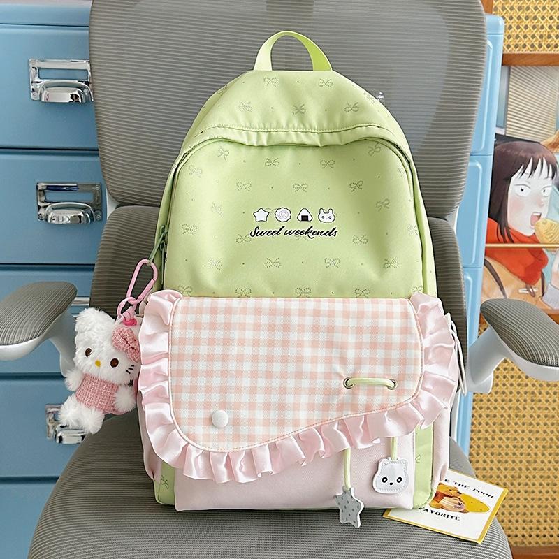 Schoolbag Waxy Jiji Cream Lotus Leaf Edge School Bag Niche Bow Embroidery Girl Plaid Color Matching Junior High School Backpack