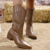 Fashion Women PU Leather Pointed Toe Mid Calf Boots Vintage Embroidery Western Ladies Boots 2024 Autumn Square Heel Slip On Boots Mujer