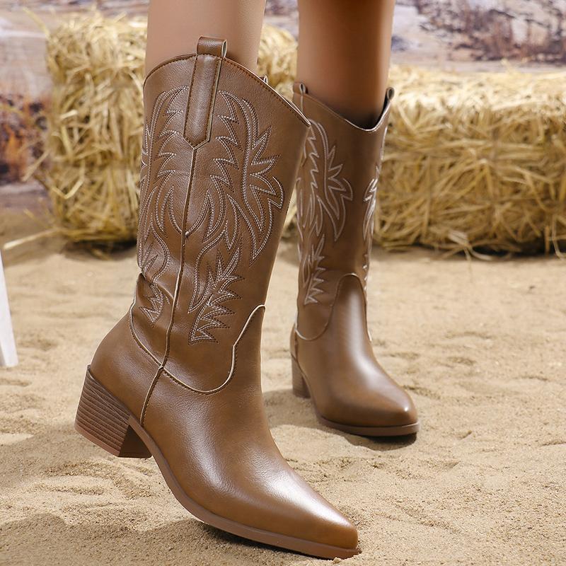 Fashion Women PU Leather Pointed Toe Mid Calf Boots Vintage Embroidery Western Ladies Boots 2024 Autumn Square Heel Slip On Boots Mujer