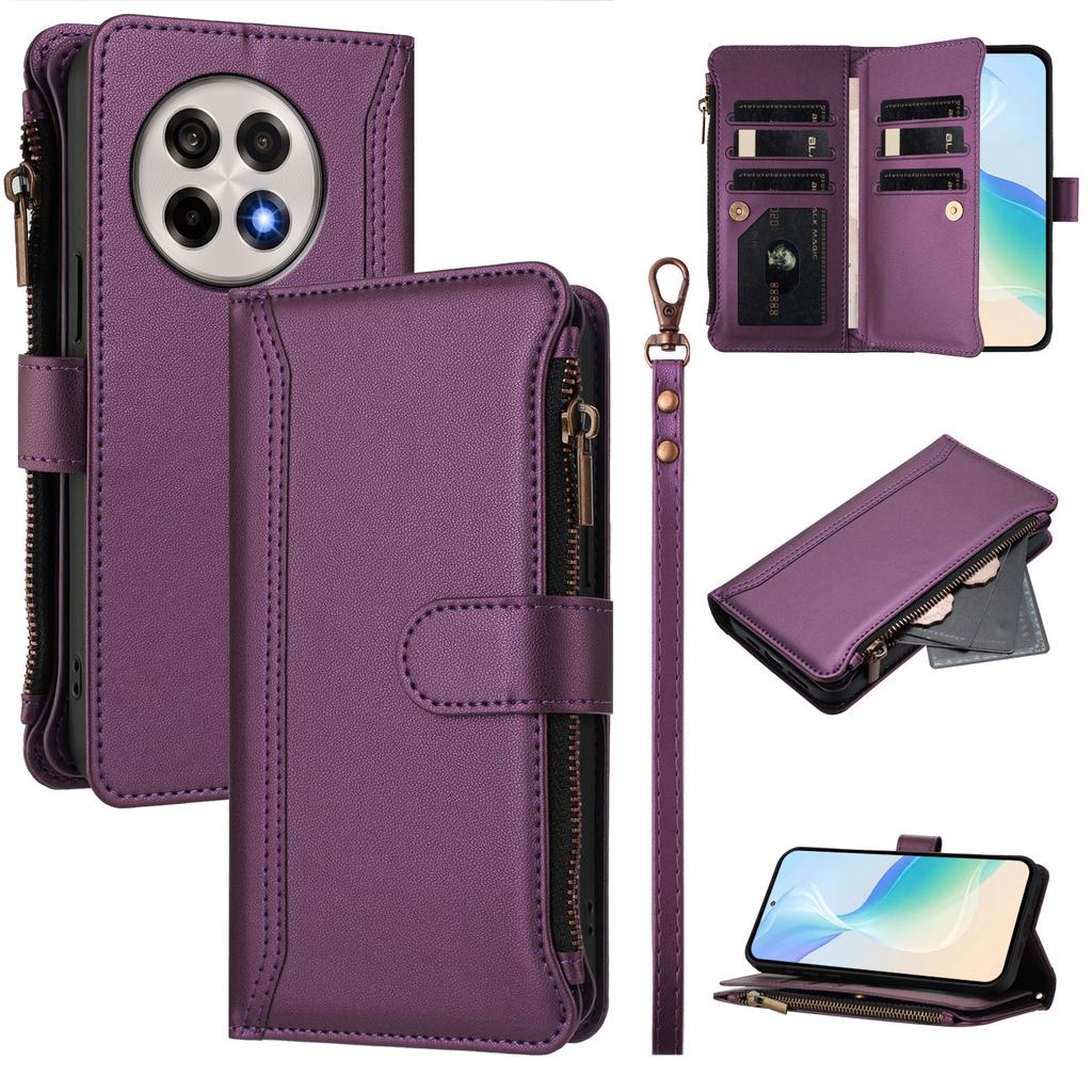 For OnePlus Ace 5 Pro 5G/OnePlus 13R 5G Leather Case 9 Card Slots Zipper Wallet Stand Phone Cover with Wrist Strap