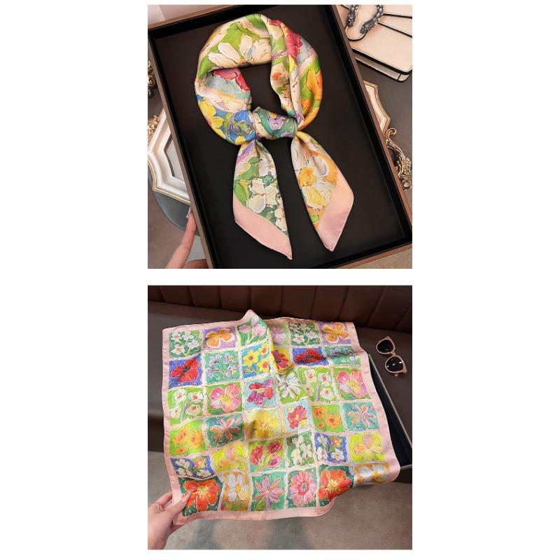 Vintage French Style Oil Painting Flower Silk Scarf Elegant Women Neck Scarf