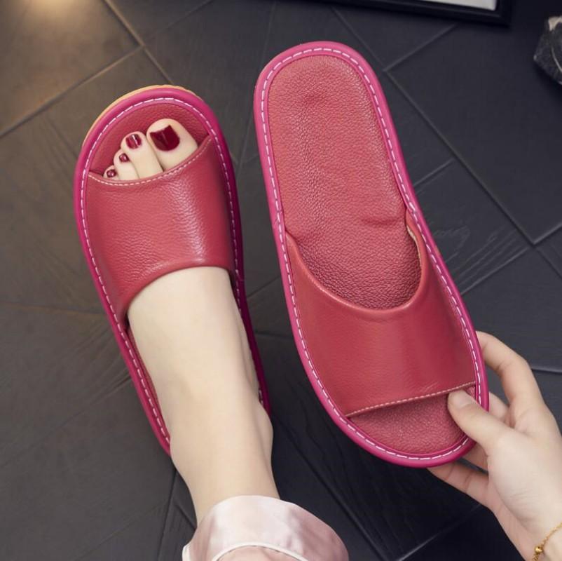 Big Sizes Genuine Cow Leather Slippers Homes In Indoor Slipper Summer Open Toe Sandals Men Women Elderly Casual Slides Shoes