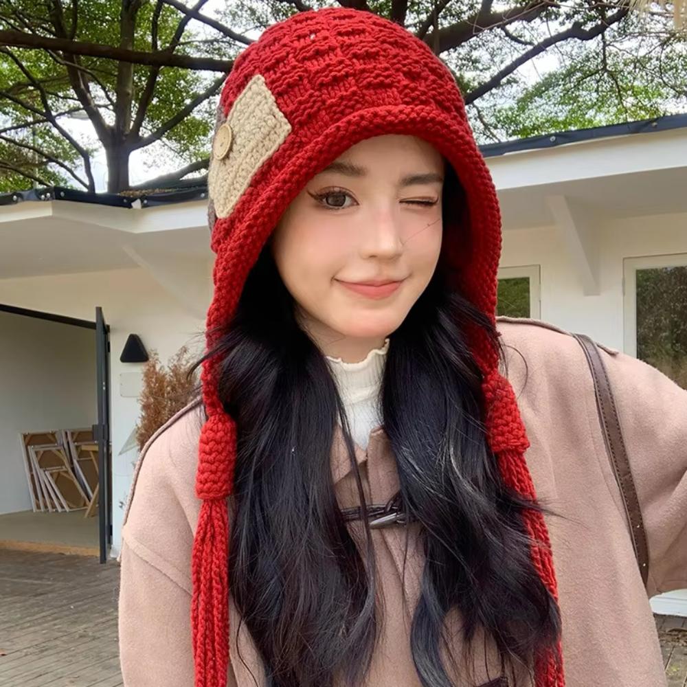 Harajuku Designed Crochet Lei Feng Hat Keep Warm Pullover Hat Sweet Ear Protection Hat Ladies