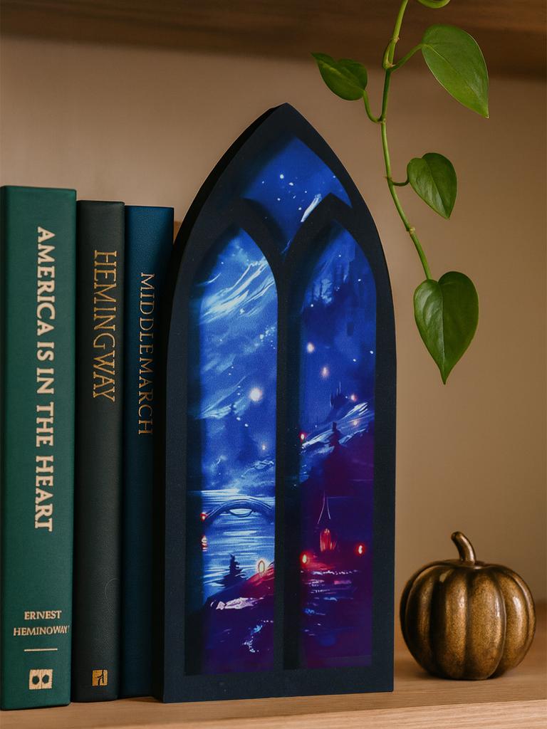 Книжная подставка в форме готической арки, фэнтези, дизайн «Ночное небо и замок», настольное украшение, деревянный органайзер для книг для домашней библиотеки, декор для искусства, подарок