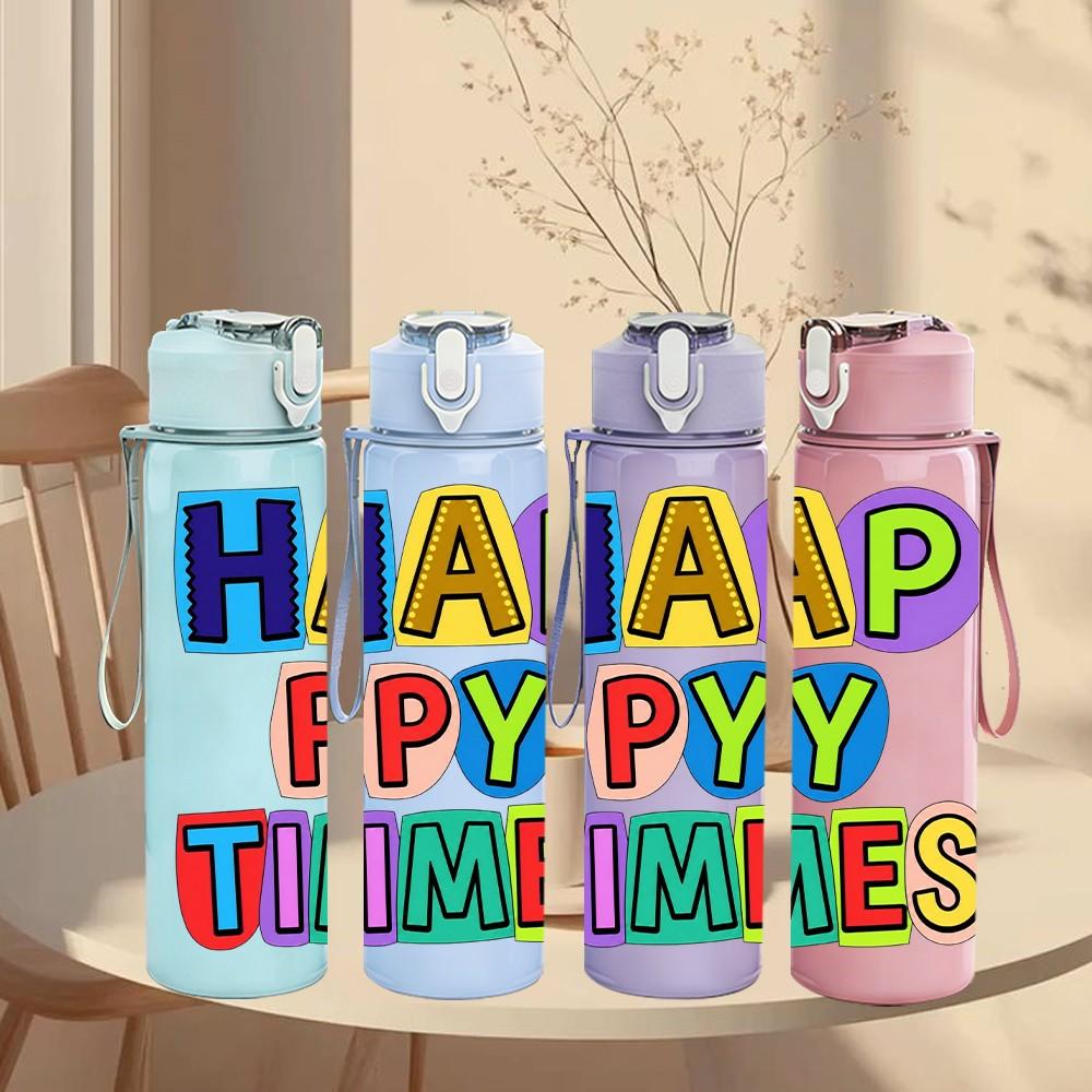 1PC Happy Py Times Letter Art 750ml Color Plastic Sports Water Bottle Leakproof Flip Straw Lid Suitable for Sports Office Home Use