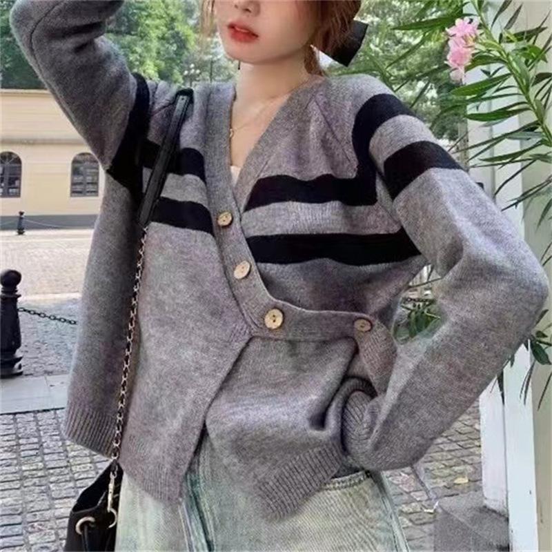 Осенне-зимний женский свитер, короткий полосатый свитер с v-образным вырезом, шикарный вязаный кардиган с длинными рукавами