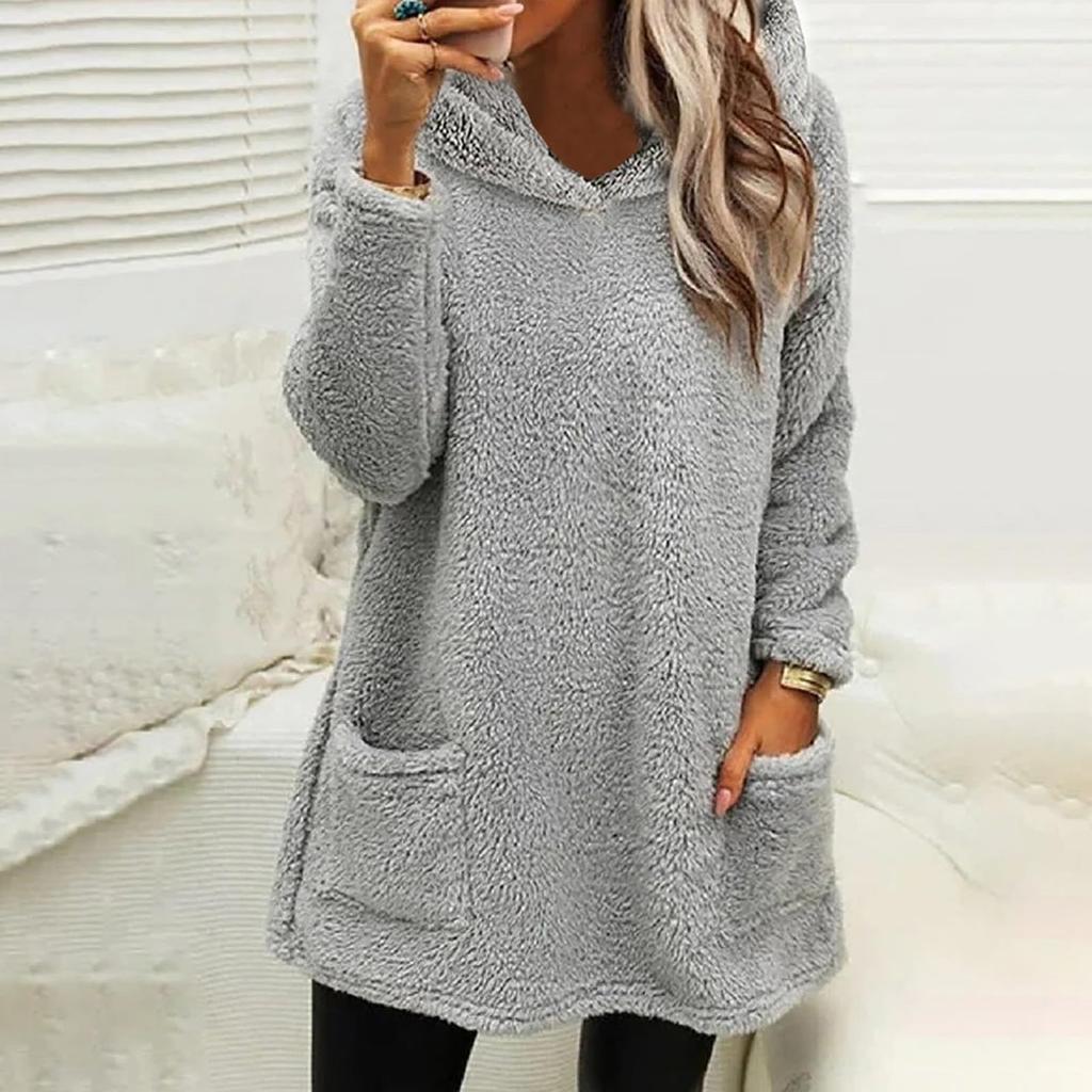 Женская модная повседневная толстовка с капюшоном из флиса с длинным рукавом и карманом, двухсторонняя