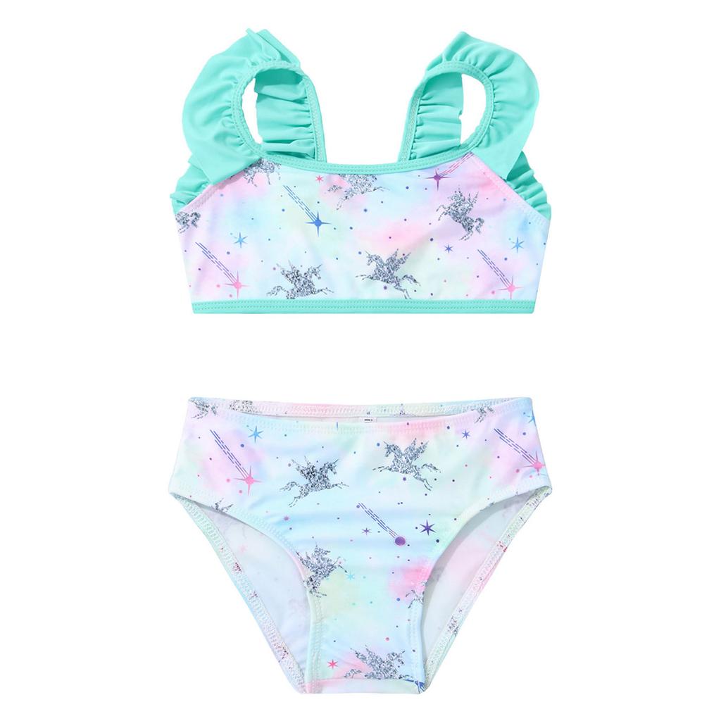 Kids Girls 2PCS Tankini Ruffled Shoulder Straps Printed Crop Top with Bottoms Hawaii Set Bikini Swimwear