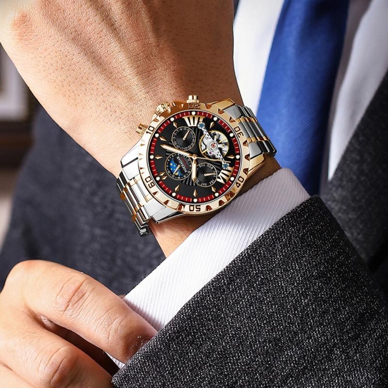 Новый стиль дизайна, импортные механические часы с автоматическим механизмом, мужские часы с шармом и доминированием с фазой солнца и луны, скелетонизированный маховик, мужские часы