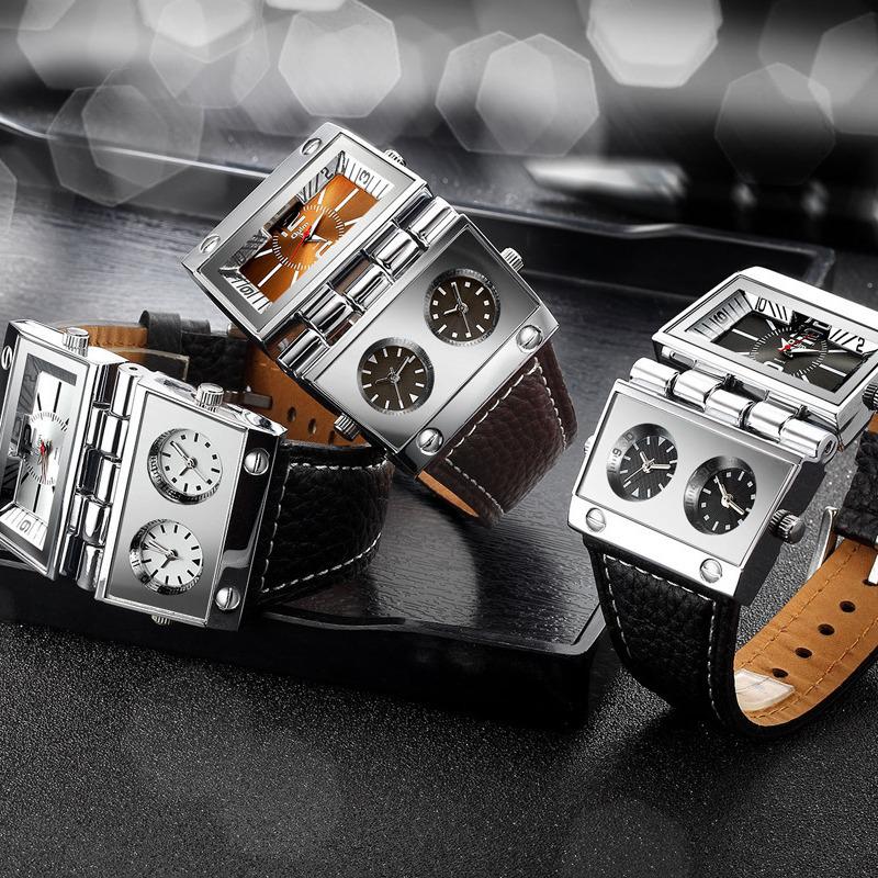 Мужские кварцевые часы Oulm с большим циферблатом и несколькими часовыми поясами, прямоугольные