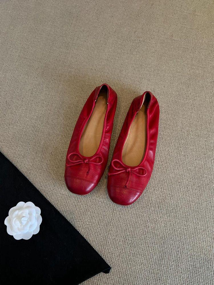 Ретро Балетки из Овчины Красный Бант - Женские Низкие Слипоны с Квадратным Носком