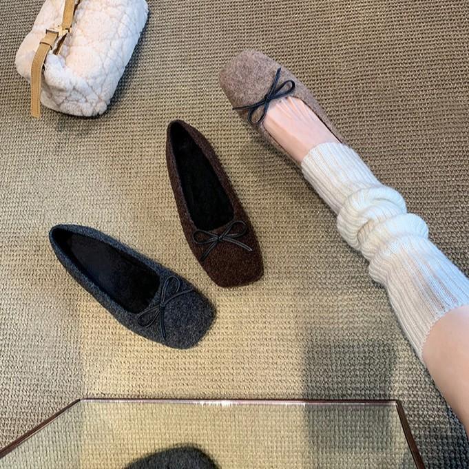 Шерстяная версия~ Универсальные шерстяные туфли-балетки с бантом и открытым верхом женские туфли Мэри Джейн на плоской подошве пушистые туфли женская обувь