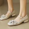 Fashion Ladies Spring Floral Mary Jones Shoes Elegant Low Heel Ladies Party Sweet Silver Beige Heels