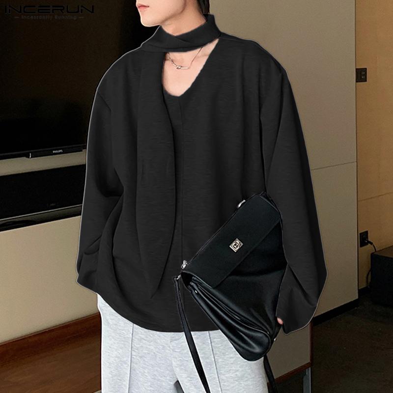INCERUN Мужские оверсайз топы с длинным рукавом, однотонные, повседневные, свободные, пуловеры