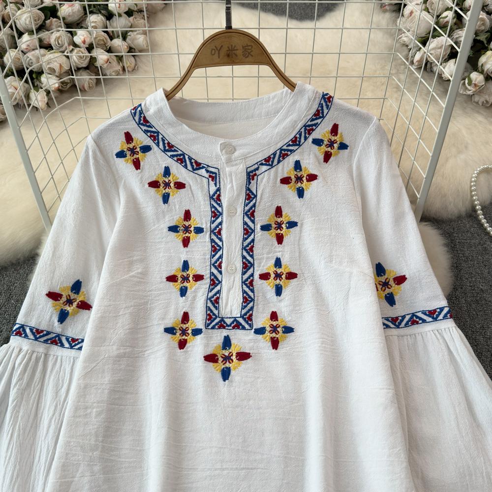 Женская блузка в этническом стиле с круглым вырезом и вышитыми рукавами-фонариками в стиле ретро, летние женские топы с цветными блоками