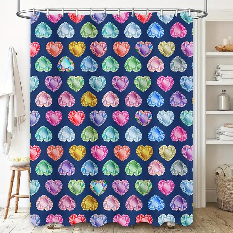 Colorful Gem Shower Curtain Set Bath Decor with Heart Shape Design Washable Fabric for Bathroom Various Colors Available