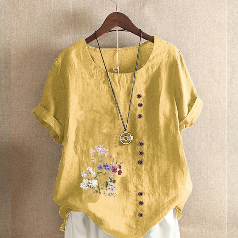 Women's Fashion Flowers and Plants Prined Short Sleeve T-shirt Loose Cotton Shirt Casual Loose Summer Blouse Tops Plus Size
