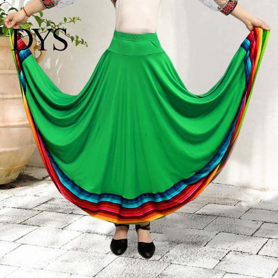 Large Swing Hem Skirt Maxi Ladies Folk Dance Elastic Waist Spanish Women Wide Rainbow Mexican Flamenco Performance Colorful Bottom