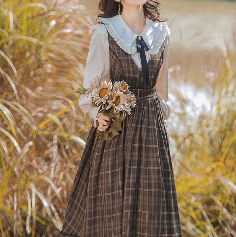 2 Piece Set Dark Academia Dress Double Check Tank Top Skirt and Long Sleeve Shirt Spring Cottagecore Dress French Dress