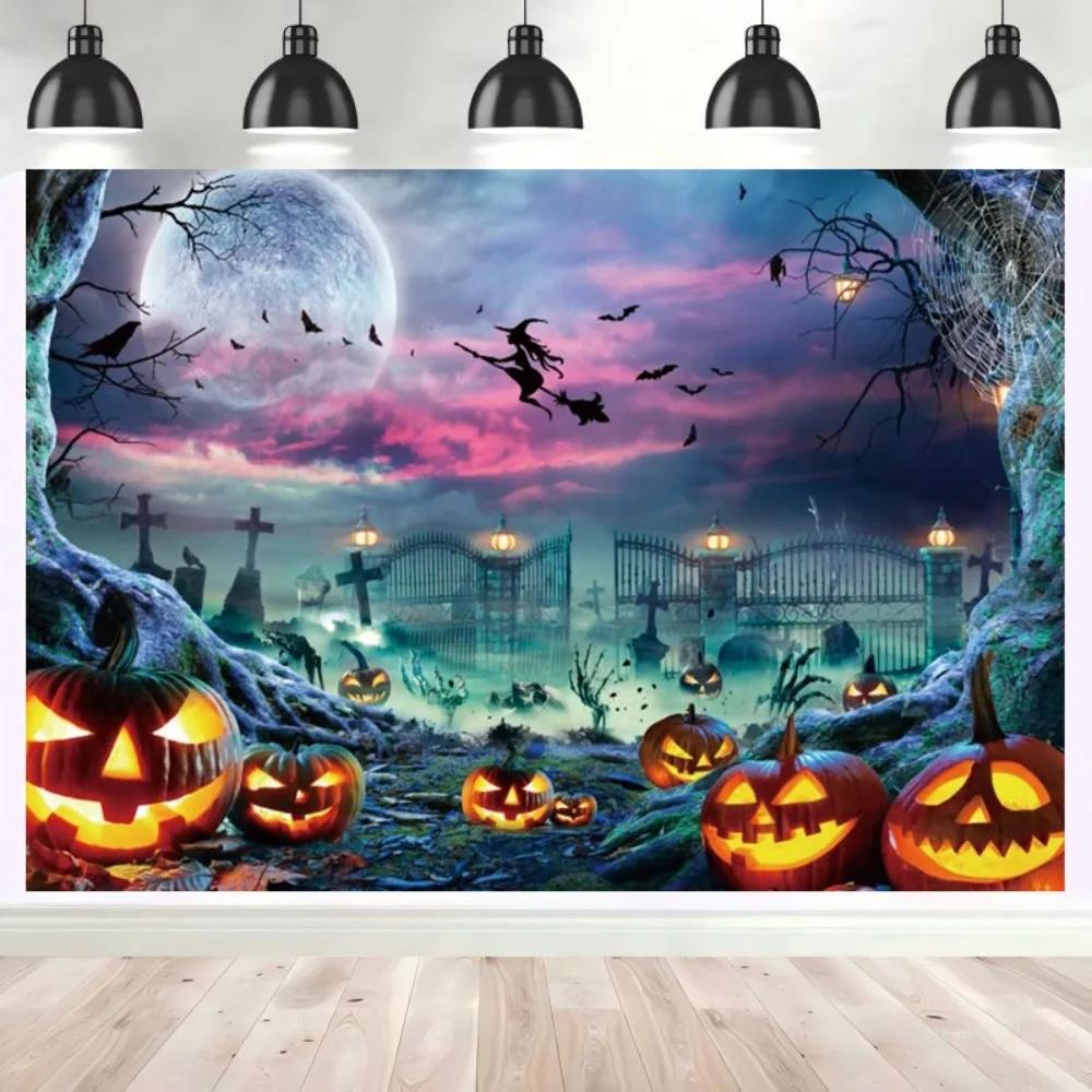 Halloween Party Backdrop Horror Night Moon Scary Graveyard Castle Pumpkin Witch Decor Banner Portrait Photography Background