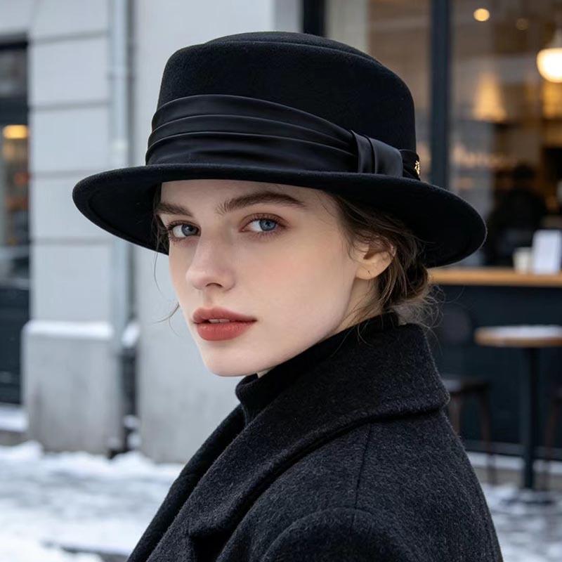 New warped edge wool top hat British retro autumn and winter jazz hat European and American women's short brim fashion versatile hat