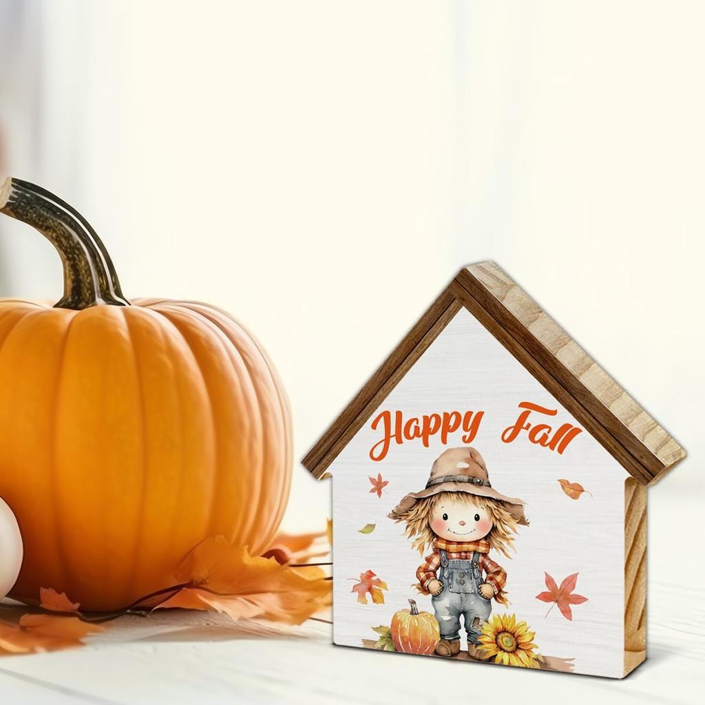 Scarecrows Fall Decor, Pumpkin Scarecrow Happy Fall House Shaped Wood Block Sign, Autumn Farmhouse Home Decor for Desk Table Shelf