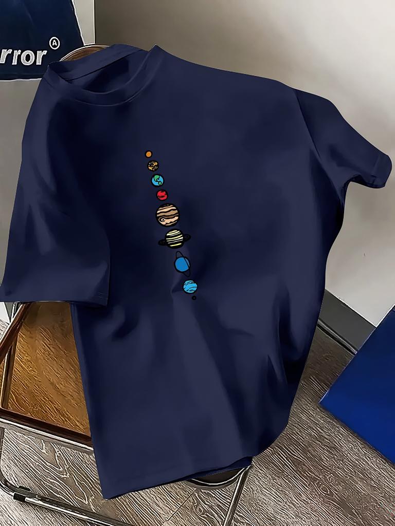 Men's T-Shirt - Vibrant Green Geometric Planet Print, Regular Fit Round Neck Casual & Sporty Summer Tee for Outdoor Activities