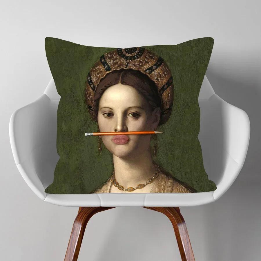 Young Woman and Her Little Boy Print Cushion Cover European Retro Vintage Paintings Pillow Case For Bedroom Sofa