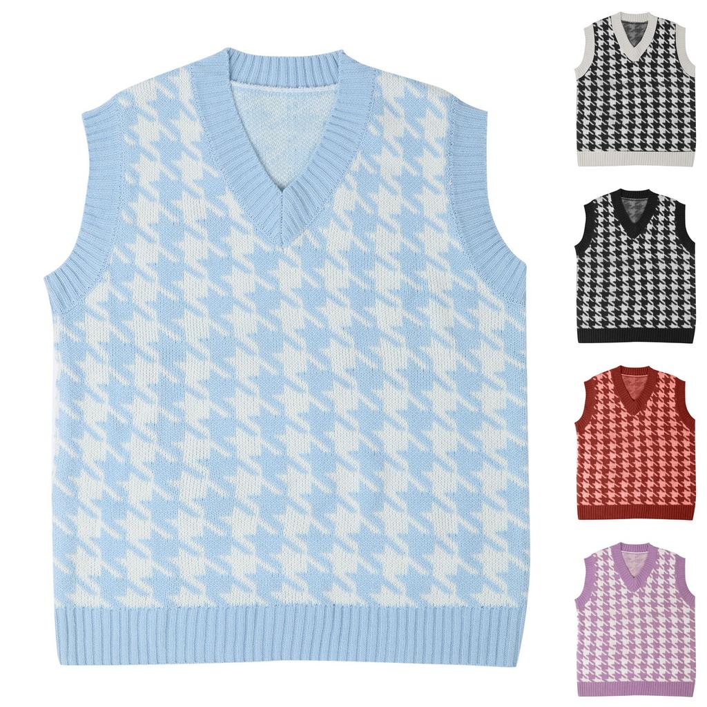 Women's Casual V-Neck Pullover Shirt Collision Color Sleeveless Sweater Vest