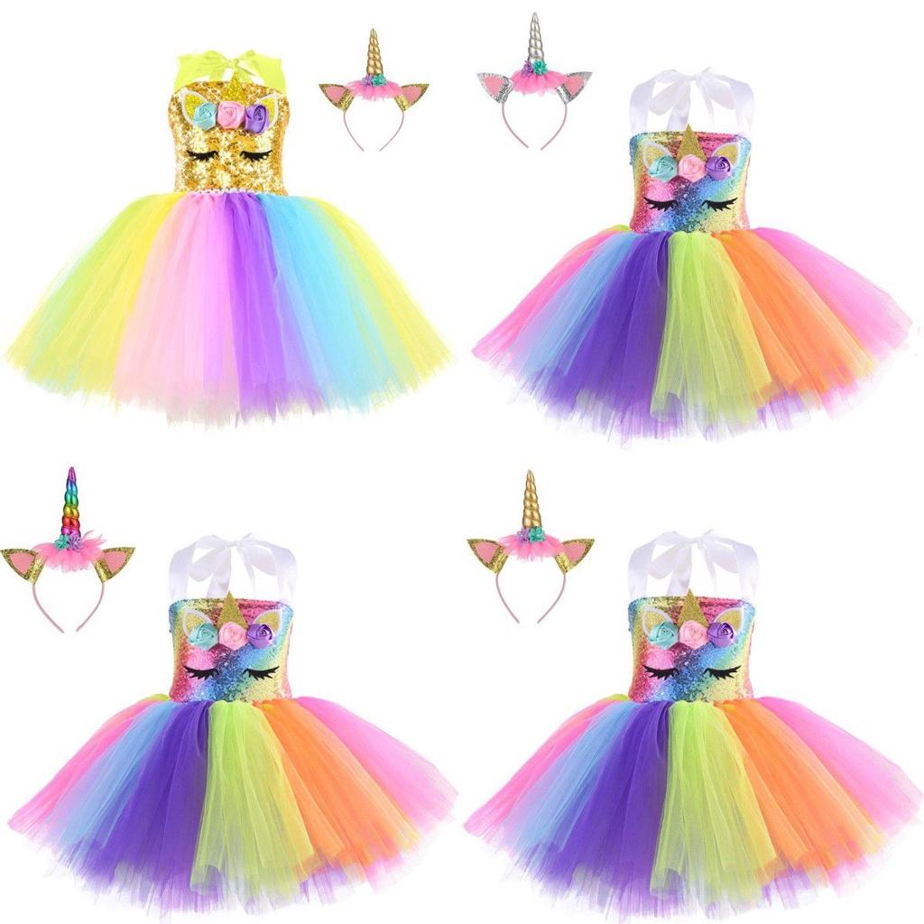 Unicorn Cosplay Girls Dress With Rainbow Pattern For Halloween Party