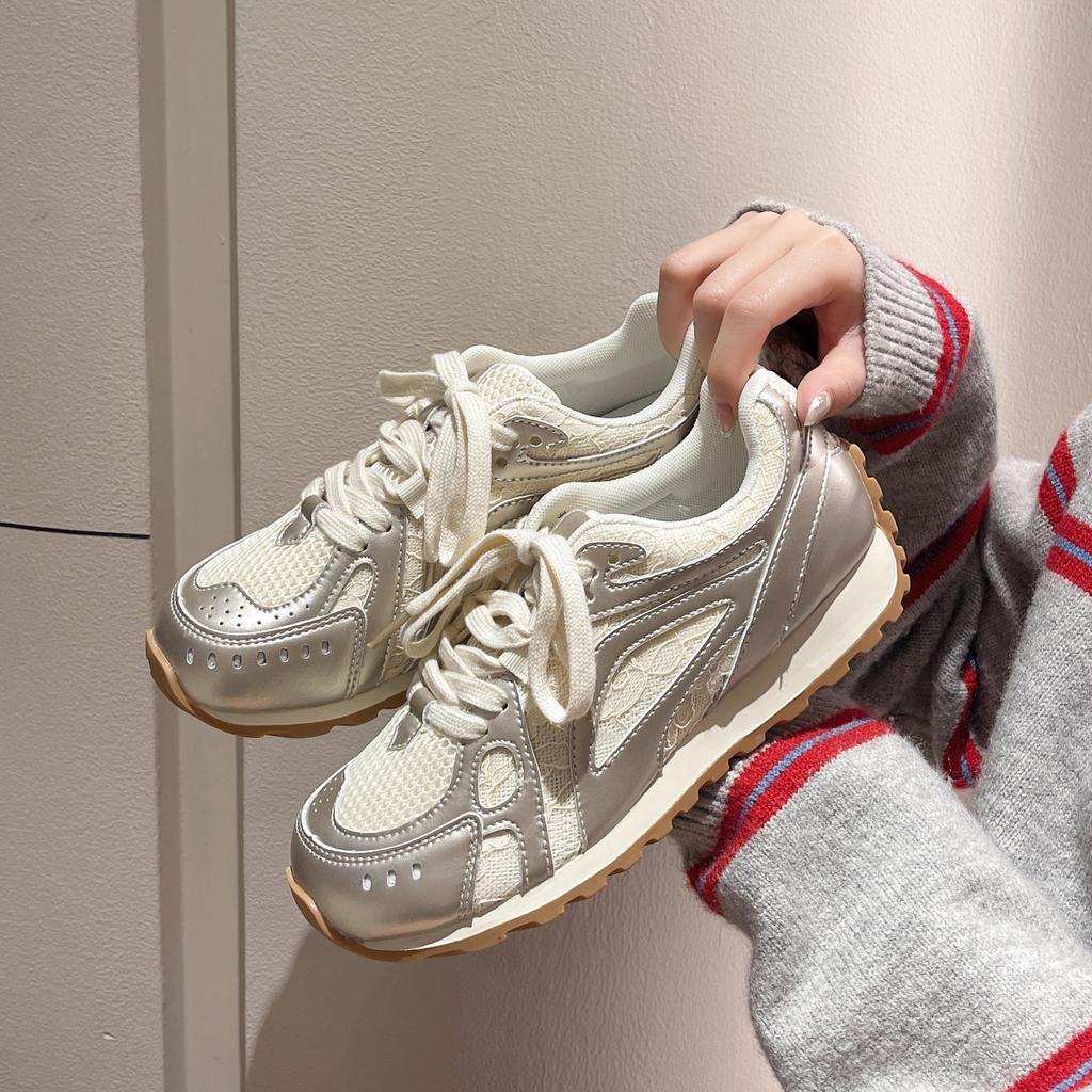 2024Luxurious Microfiber Leather Lace Stitching Breathable Women's Loafers Lace-up Sports Shoes Casual Running  Vulcanized Shoes