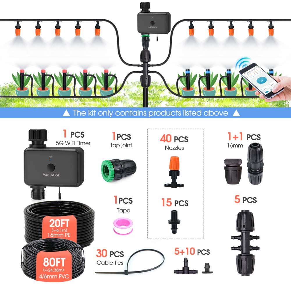 20FT 1/2" Hose 5G Dual Frequency Garden Irrigation Timer Kit 1/4" Adjustable Sprinkler Remote Control Automatic Watering System