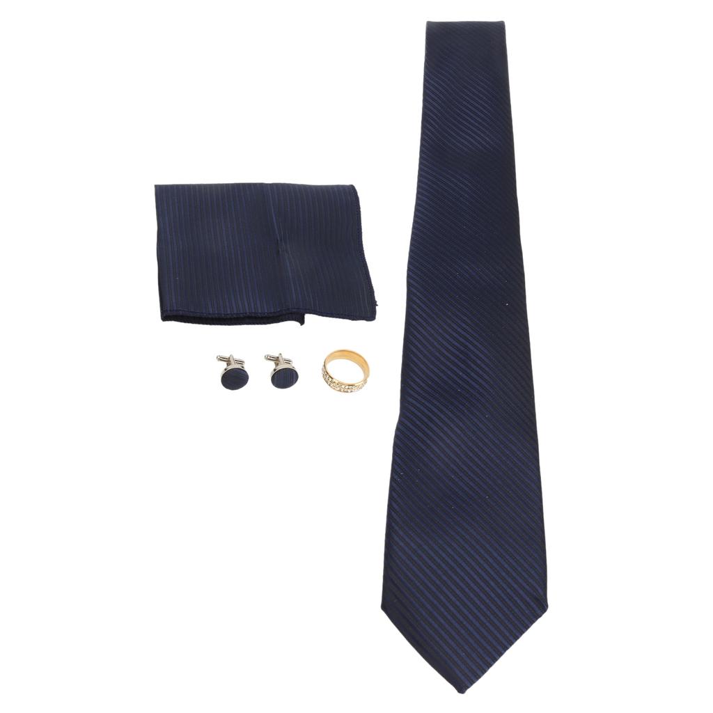 8cm Men Necktie Set Blue Gold Ring Stylish Comfortable Skin Friendly with Cufflinks Handkerchief
