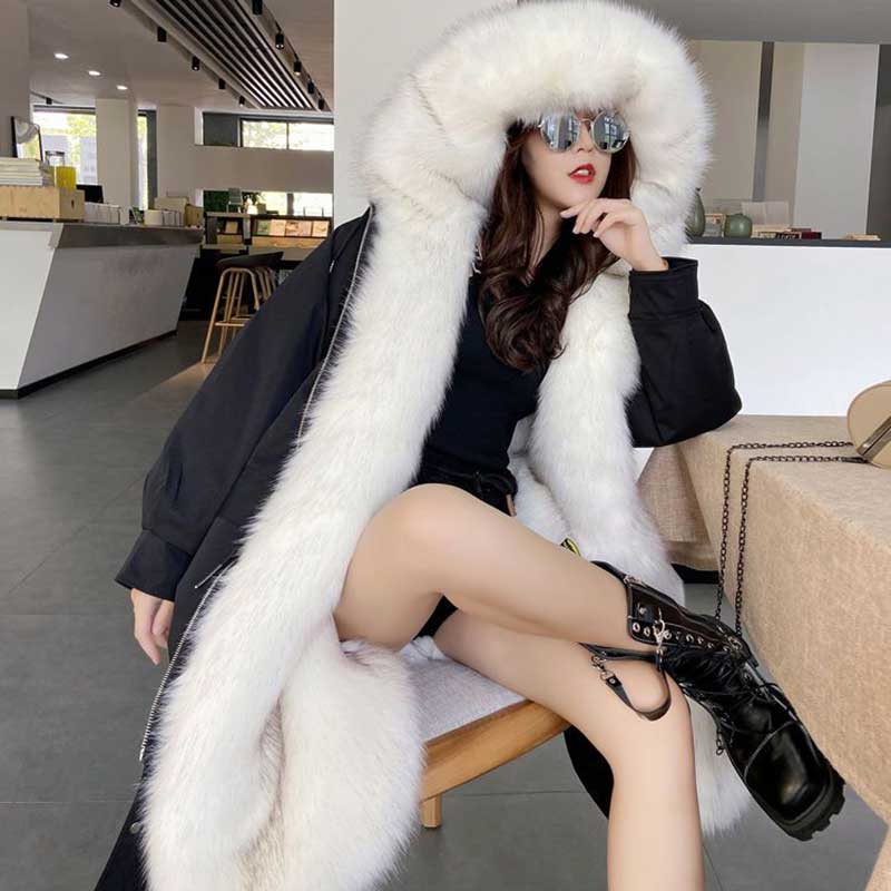 Removable Fox Fur Lining Mid-length Fur Coat Female Thick Warm Knee-high Fur Coats Autumn and Winter Hooded Parka with Waist Drawstring