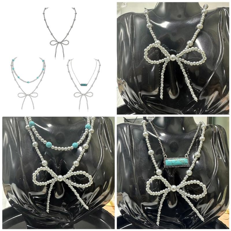 Practical Imitation Pearls Bowknot Necklace Western Styles Turquoise Jewelry for Women Cowgirl Fashion Accessory